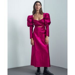 ALÉMAIS Rosario Puff Sleeve Midi Dress Fuschia Pink‎ Sz AUS 14 (US 10)